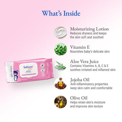 Softsens Baby Gentle Cloth Wipes for Baby Skin Enriched with Aloe Vera & Vitamin E I Dermatologically Tested & Parben Free with Lid - 72 wipes