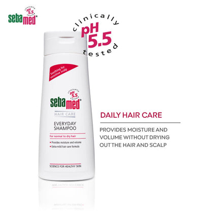 Sebamed shampoo bottle with product details on a white background