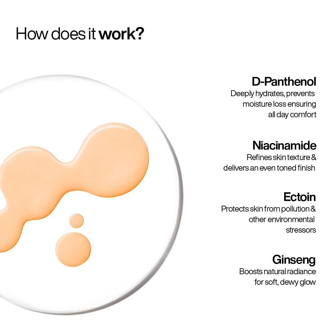 Product packaging with orange liquid and text about ingredients on a white background