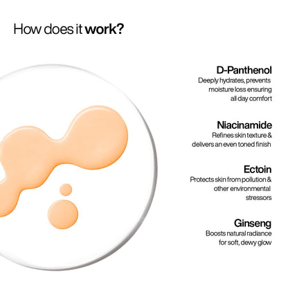 Product packaging with orange liquid and text about ingredients on a white background