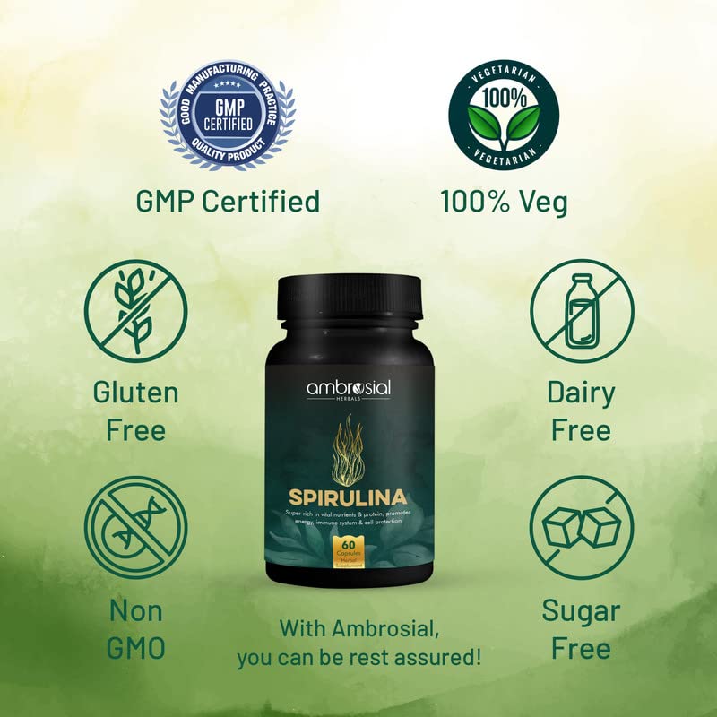 Spirulina supplement bottle with certification logos on a green background