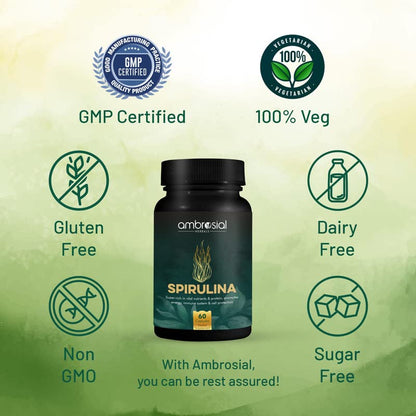 Spirulina supplement bottle with certification logos on a green background
