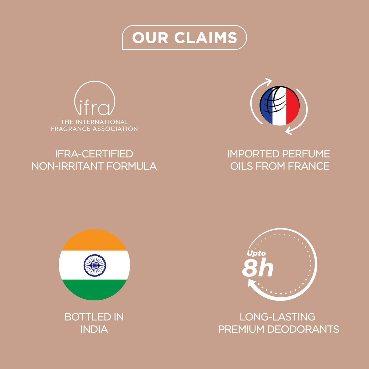 Product claims with logos and text on a beige background