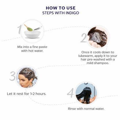 Step-by-step guide on how to use a hair dye product with Indigo, shown in circular images and text.