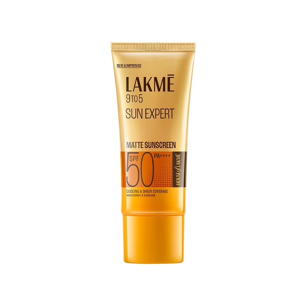 Lakme 9 to 5 Sun Expert sunscreen tube on a white background