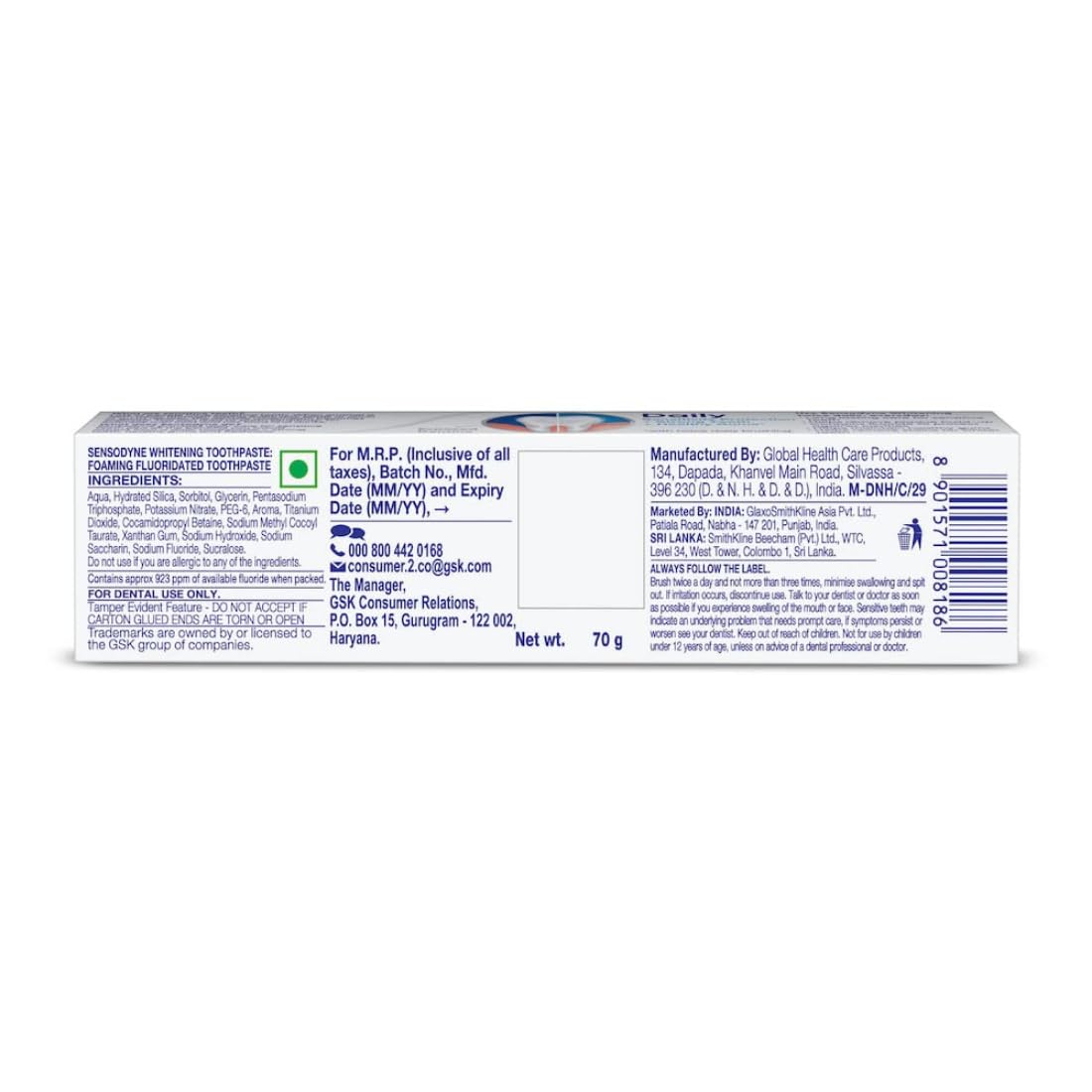 Sensodyne Toothpaste Whitening | White Teeth and Daily Sensitivity Protection Tooth Paste Pack of 1 - 70gm | Dentist Recommended | Fresh Breath, Fight Tooth Decay, Healthy Gums