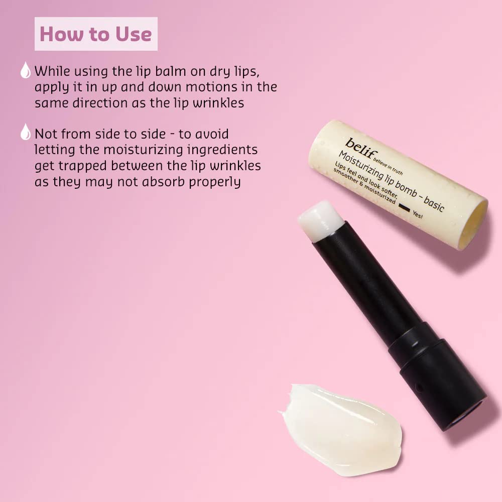 Lip balm with application instructions on a pink background