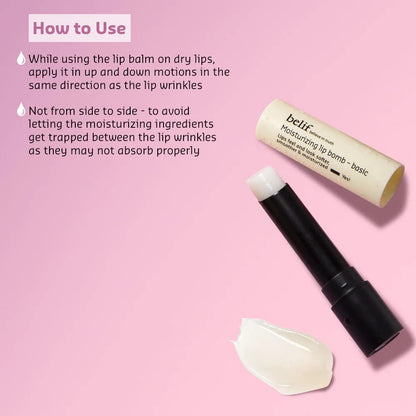 Lip balm with application instructions on a pink background