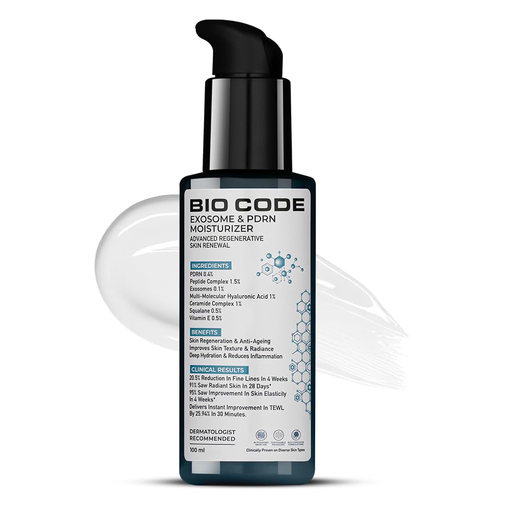 Bio Code 0.1% Exosome & 0.4% PDRN Moisturizer (100ml) – For Anti-Ageing & Skin Regeneration | With 1.5% Peptide Complex, 1% Ceramide Complex & 0.5% Squalane | AI-Enhanced Formula | Dermatologist Recommended