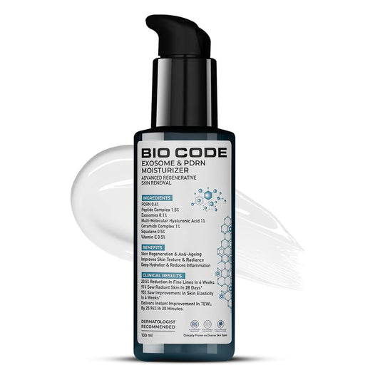 Bio Code 0.1% Exosome & 0.4% PDRN Moisturizer (100ml) – For Anti-Ageing & Skin Regeneration | With 1.5% Peptide Complex, 1% Ceramide Complex & 0.5% Squalane | AI-Enhanced Formula | Dermatologist Recommended