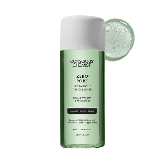 Conscious Chemist Zero Pore oil cleanser bottle with a white cap on a white background