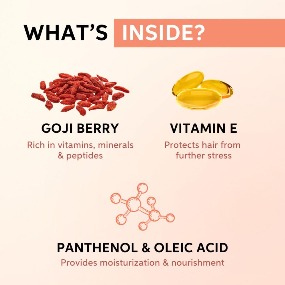 Product ingredients with goji berry, vitamin E, panthenol, and oleic acid on a light background.