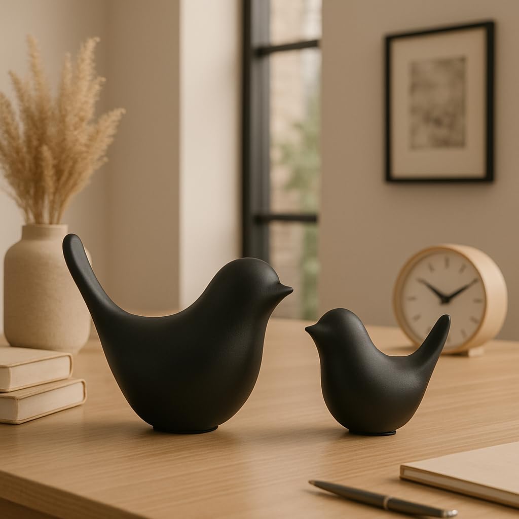 Ceramic Blessing Birds Figurine for Home Decor, 2 Pcs Decorative Showpiece Set with Glossy Finish for Living Room, Bedroom, Office Desk, Table, Shelf & Cabinet Decoration Black