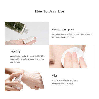 Instructions on how to use a moisturizing pack with toner, including wetting a cotton pad and applying it to the face.