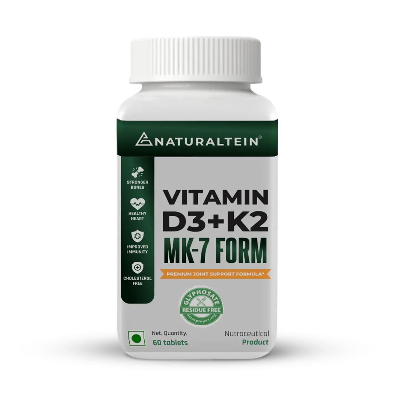 Bottle of Naturaltein Vitamin D3+K2 MK-7 Form on a white background
