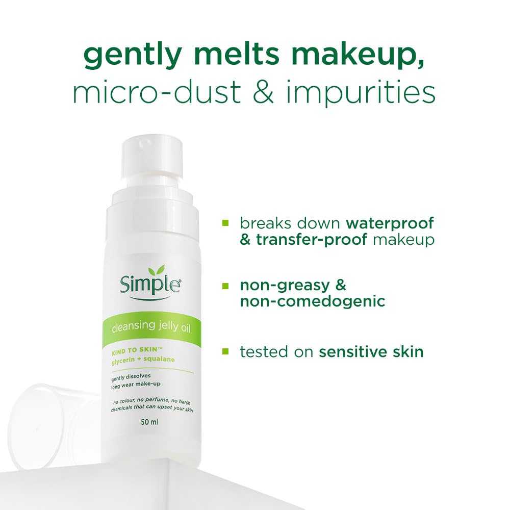 Simple cleansing jelly oil bottle with product features on a white background