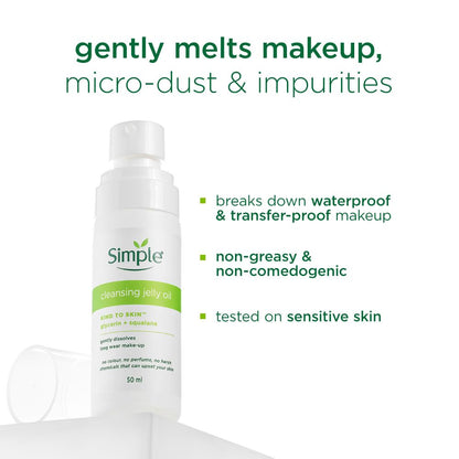Simple cleansing jelly oil bottle with product features on a white background
