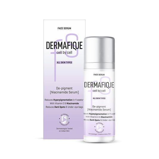 Dermafique De-Pigment Serum 30ml | Niacinamide, Hyaluronic Acid | Reduces Pigmentation in 4 weeks | Reduces Dark Spots, Inflammation, Under eye bags, Sun exposure effects | Dermat Tested on Indian Skin