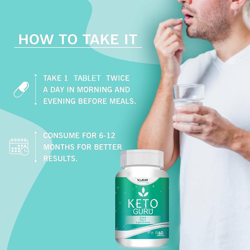 Keto supplement bottle with instructions on how to take it, against a teal background.