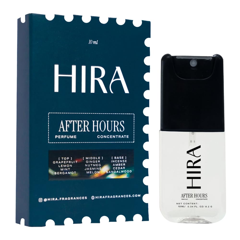 HIRA After Hours perfume concentrate packaging and bottle on a white background
