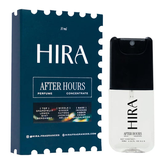 HIRA After Hours perfume concentrate packaging and bottle on a white background