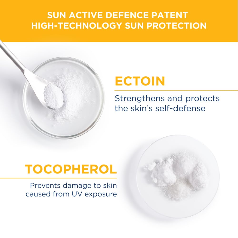 Sun protection product with Ectoin and Tocopherol, featuring a spoon and glass bowl on a white background.