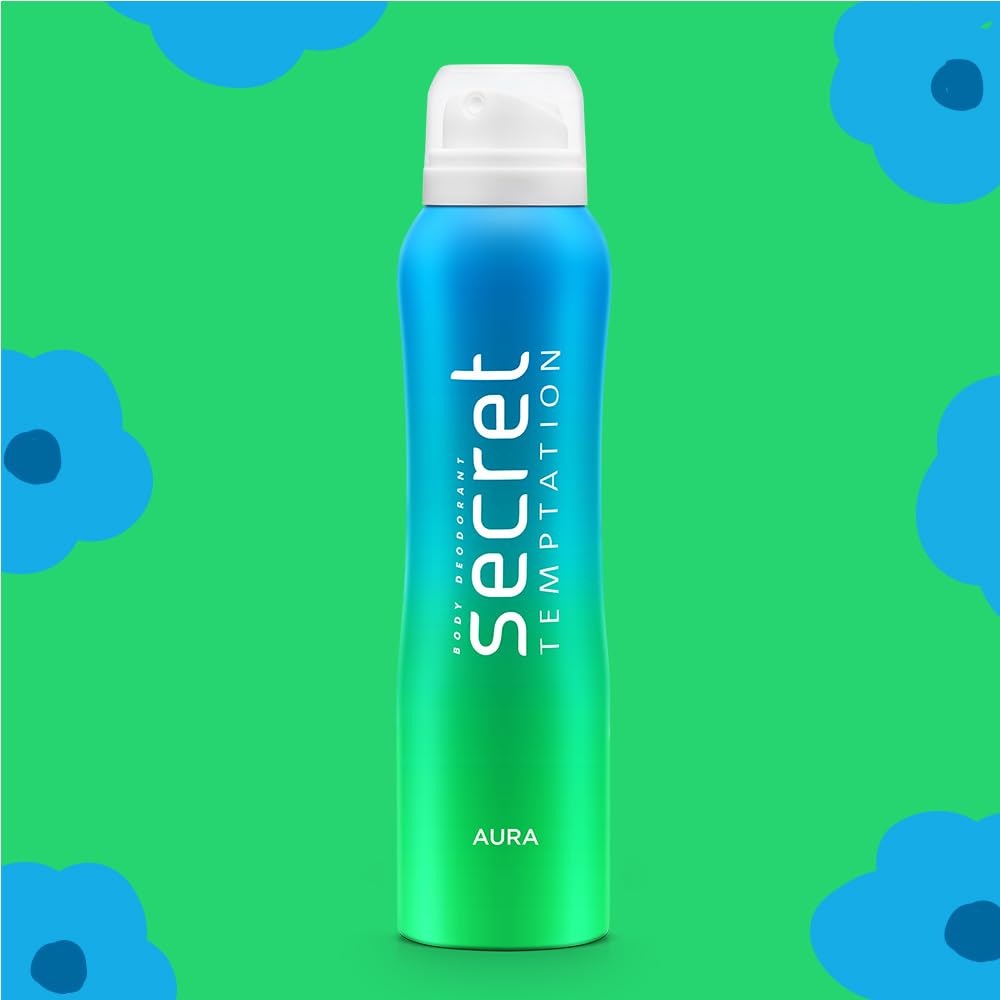 Secret Temptation deodorant spray bottle on a green background with blue floral patterns