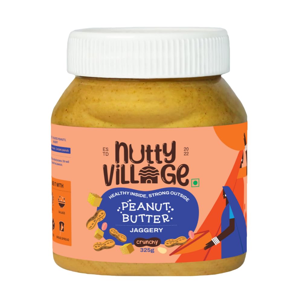 Nutty Village Jaggery Peanut Butter Crunchy with 25g Protein - Healthy Snack for Breakfast spread - No Palm Oil - Vegan and Gluten free - No Cholestrol - 325g Peanut Butter