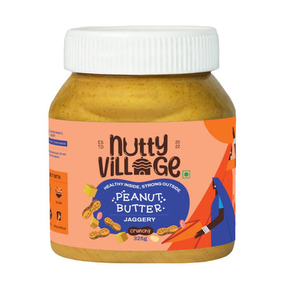 Nutty Village Jaggery Peanut Butter Crunchy with 25g Protein - Healthy Snack for Breakfast spread - No Palm Oil - Vegan and Gluten free - No Cholestrol - 325g Peanut Butter
