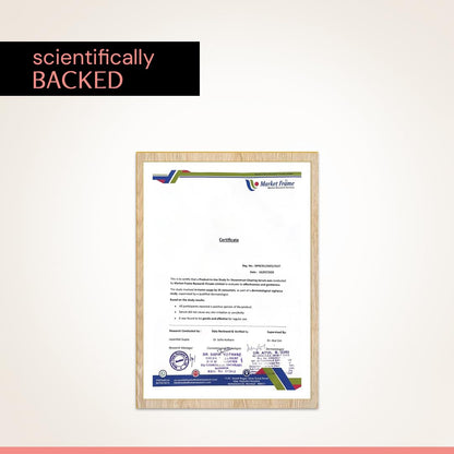 Framed certificate with 'scientifically backed' text on a light background