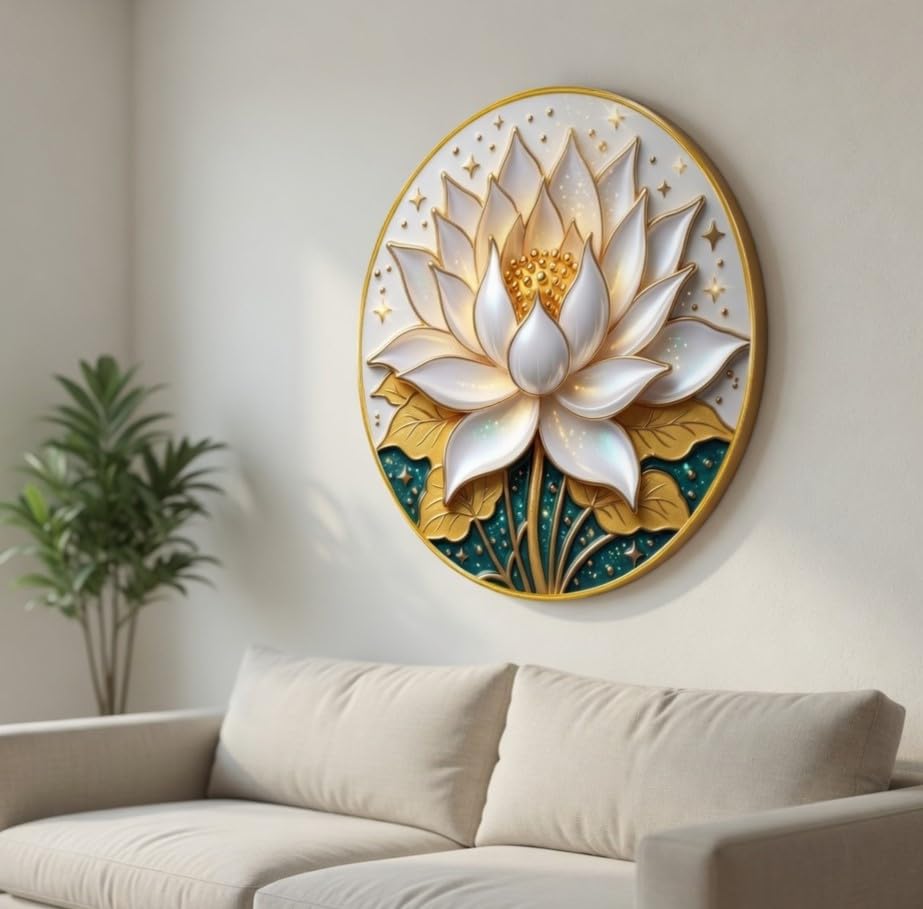 Lotus Flower Wall Painting with Golden PVC Frame Round Floral Wall Art Modern Elegant Decor for Living Room Bedroom Office Spiritual Home Decorative Gift Item (16 x 16 Inch) GRM-354