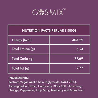 Cosmix Pure Plant Pre-Workout | Caffeine-Free Energy&Endurance | Muscle Recovery | 60g (50 Servings) | Beetroot Nitrates & Coconut Mcts | No Preservatives/Added Sugar | Plant Based | 200g Pack, Powder