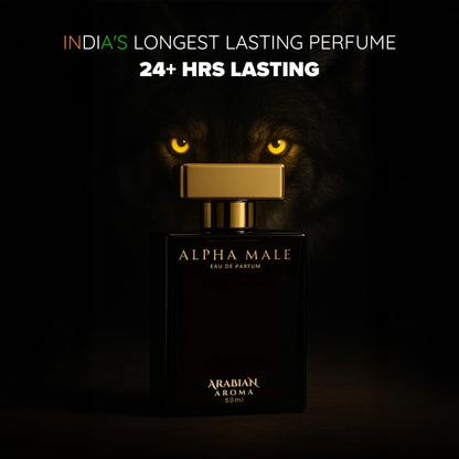 Perfume bottle labeled 'Alpha Male' with a dark background and glowing eyes.