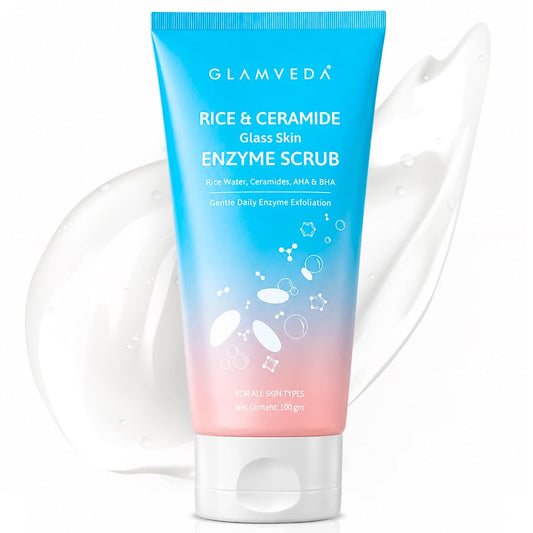 Glamveda Korean Rice & Ceramide Enzyme Scrub for Face | Gentle Daily Exfoliator with Rice Water, Lactic & Glycolic Acid, Niacinamide | Removes Dead Skin, Smoothens Texture & Boosts Glow | Face Scrub For Glowing Skin |100 gm