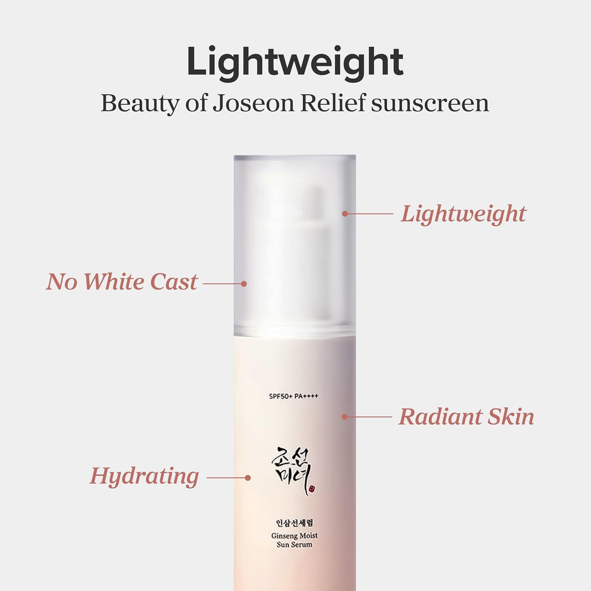 Sunscreen bottle with text highlighting features on a white background