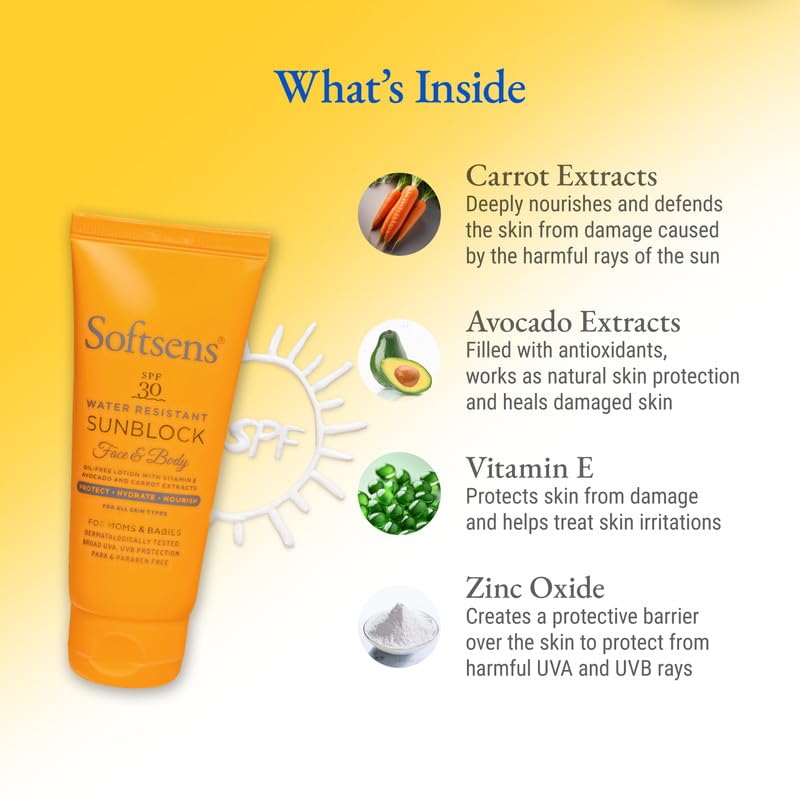 Softsens Sunblock Spf 30 Lotion | Enriched with Vitamin E, avocado & carrot extracts | For Babies & Parents | 50g Pack of 1