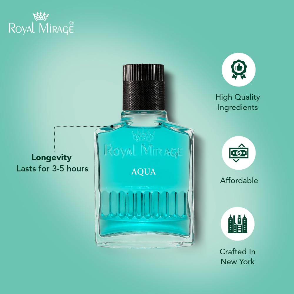 Blue bottle of Royal Mirage Aqua perfume on a teal background with brand logo and product features.