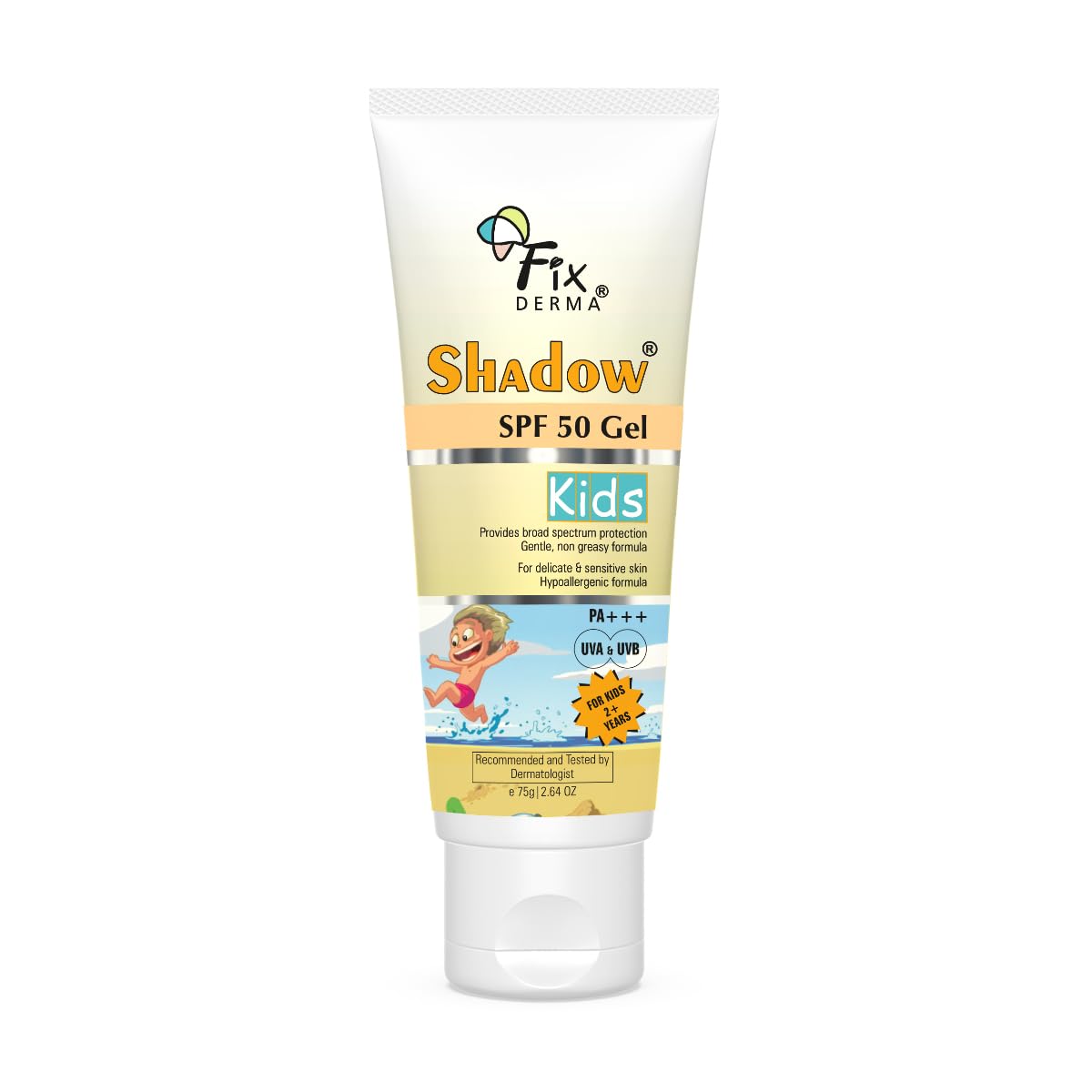Fixderma Shadow Sunscreen SPF 50+ Gel for Kids PA+++ | Broad Spectrum Sunscreen for UVA & UVB Protection, Non-Greasy & Water Resistant - For Kids 2+ Years Age, 75gm