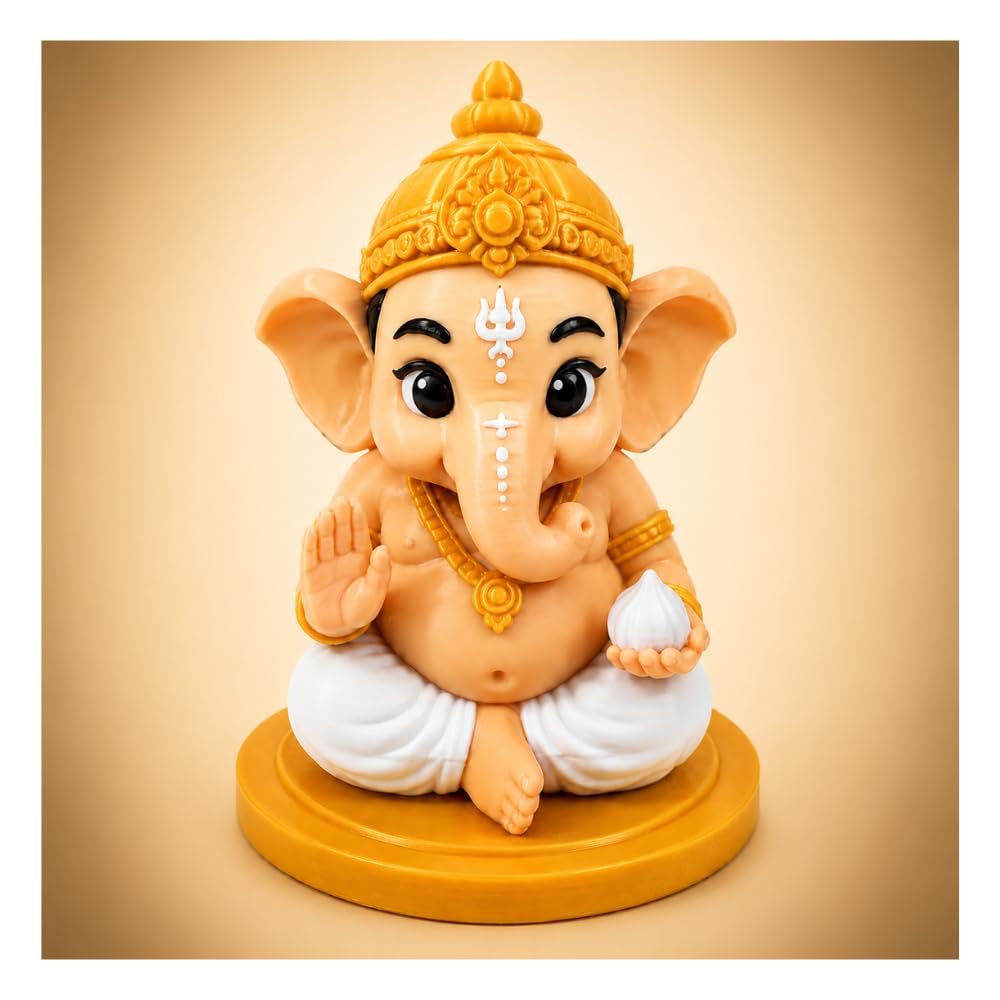 VASPAR Baby Ganesha Idol Cute Ganpati Figurine with modak Hindu God Statue for Car Dashboard, Pooja Room & Home Decor | Premium Finish Spiritual Gift Golden & White