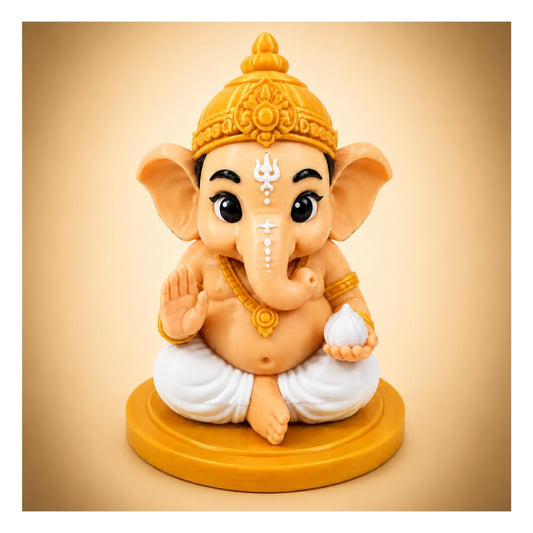 VASPAR Baby Ganesha Idol Cute Ganpati Figurine with modak Hindu God Statue for Car Dashboard, Pooja Room & Home Decor | Premium Finish Spiritual Gift Golden & White