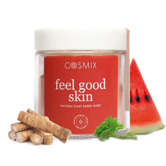 Cosmix feel good skin product with watermelon and plant-based ingredients on a white background