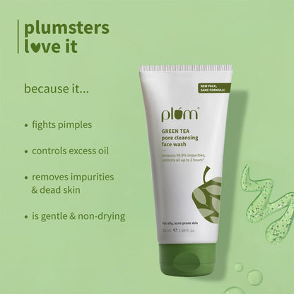 Plum Green Tea Pore Cleansing Face Wash for Oily, Acne Prone, Dry & Combination Skin | with Glycolic Acid | Fight Pimples & Control Excess Oil | Gentle Exfoliating & Non-Drying | Women & Men | 50ml