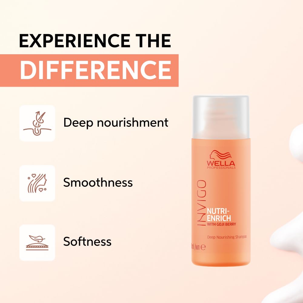 Wella shampoo bottle with product benefits on a beige background