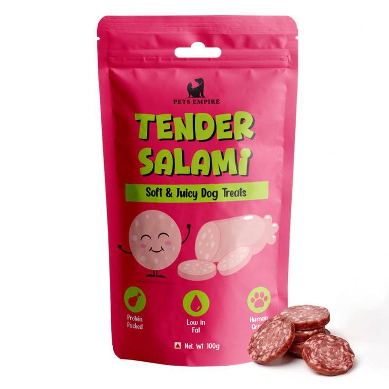 PETS EMPIRE Tender Salami Dog Treats, 100g | Soft & Juicy Chicken Dog Snacks | High Protein Chewy Treats for Dogs | Healthy Training Rewards for Puppies & Adult Dogs