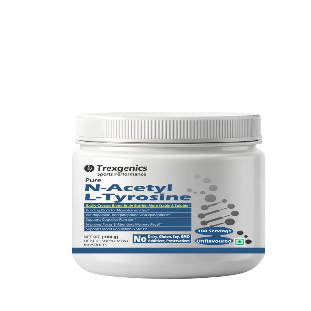 Trexgenics N-ACETYL L-TYROSINE PURE POWDER Crosses Blood Brain Barrier Neurotransmitter production, Cognitive Function, Focus, Attention, Memory, Stress Support (100 grams)