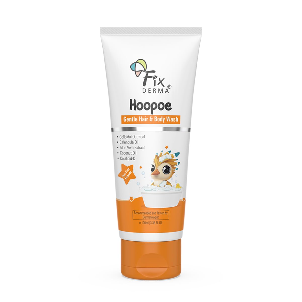 Fixderma Hoopoe Gentle Hair & Body Wash for Kids with Colloidal oatmeal, Aloe Vera Gel Extract, Calendula & Coconut Oil|Top to Toe wash for Baby | Tear Free Formula | Dermatologist Tested (100 Ml)