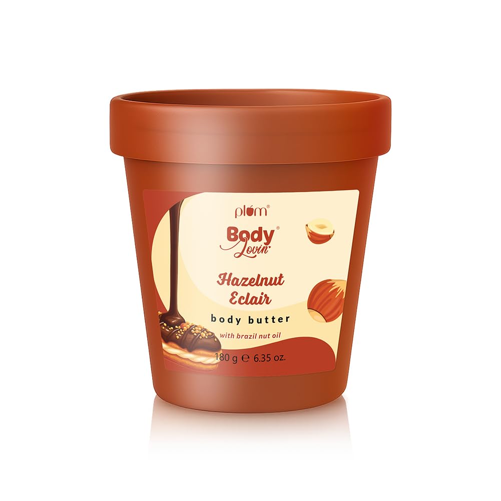 Plum BodyLovin' Hazelnut Eclair Body Butter | Shea Butter & Brazil Nut Oil for Deep Moisturization | Non-Greasy & Lightweight | Buttery Soft, Smooth & Moisturised Skin | For Dry To Very Dry Skin | Decadent Hazelnut Chocolate Fragrance | 180gm