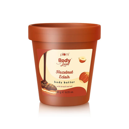 Plum BodyLovin' Hazelnut Eclair Body Butter | Shea Butter & Brazil Nut Oil for Deep Moisturization | Non-Greasy & Lightweight | Buttery Soft, Smooth & Moisturised Skin | For Dry To Very Dry Skin | Decadent Hazelnut Chocolate Fragrance | 180gm