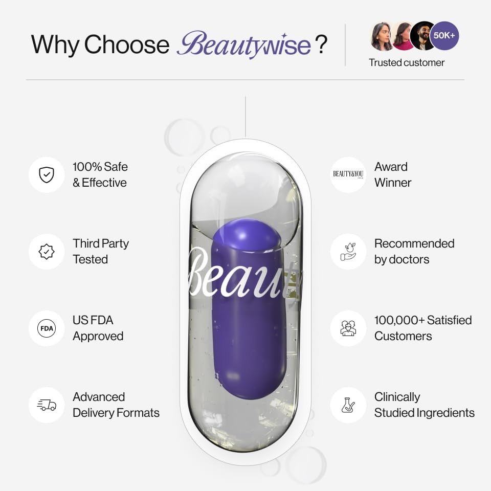 Promotional graphic for Beautywise with a purple capsule and list of reasons to choose them.