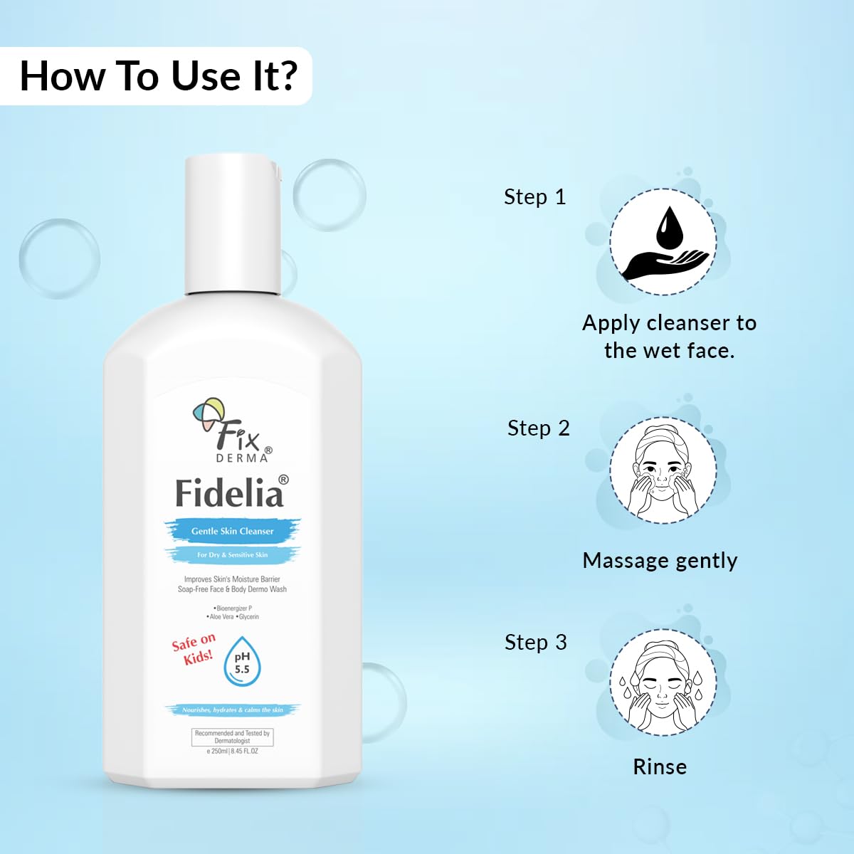 Fixderma Fidelia Gentle Skin Cleanser | Face Wash for Women | Body Wash for Men | Face & Body Wash for Dry & Sensitive Skin | Soap Free Face & Body Wash - 250Ml